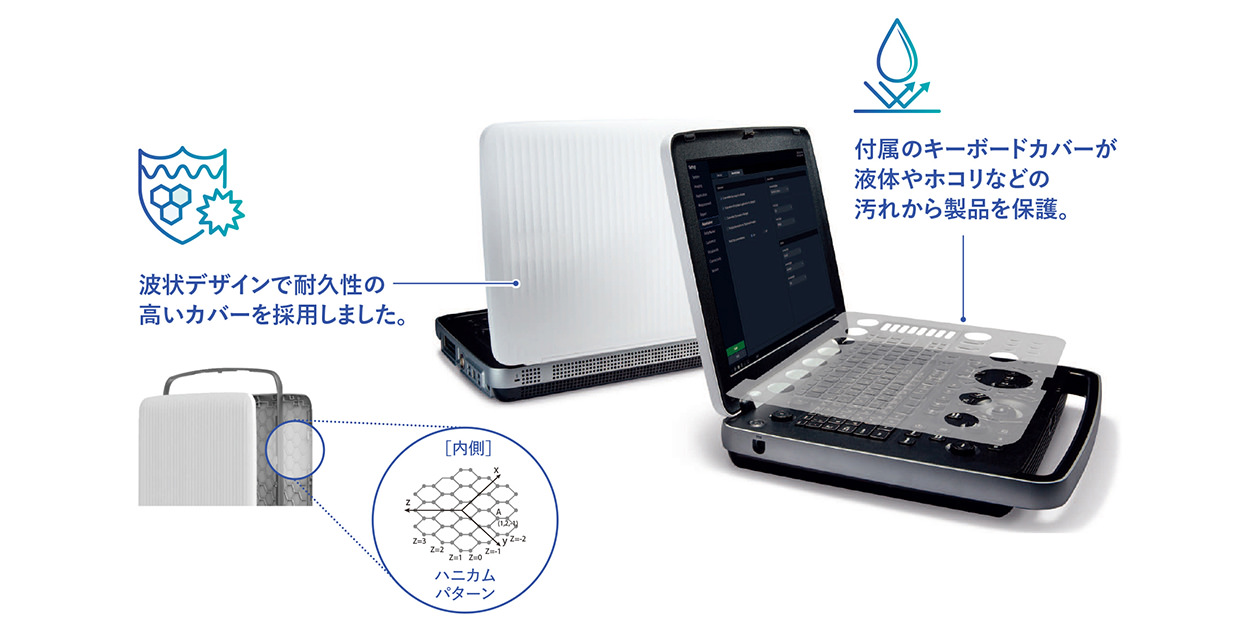 耐久性の高い波状デザインのカバーを採用。付属のキーボードカバーが液体やホコリなどの汚れから製品を保護